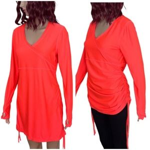 Athleta Neon Athletic Tunic Womens Small Orange Thumbholes Ruched Side